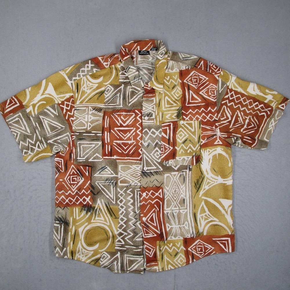 Bon Homme Mens XL Rayon Shirt Short Sleeve Tribal Print Loop Collar Made in USA